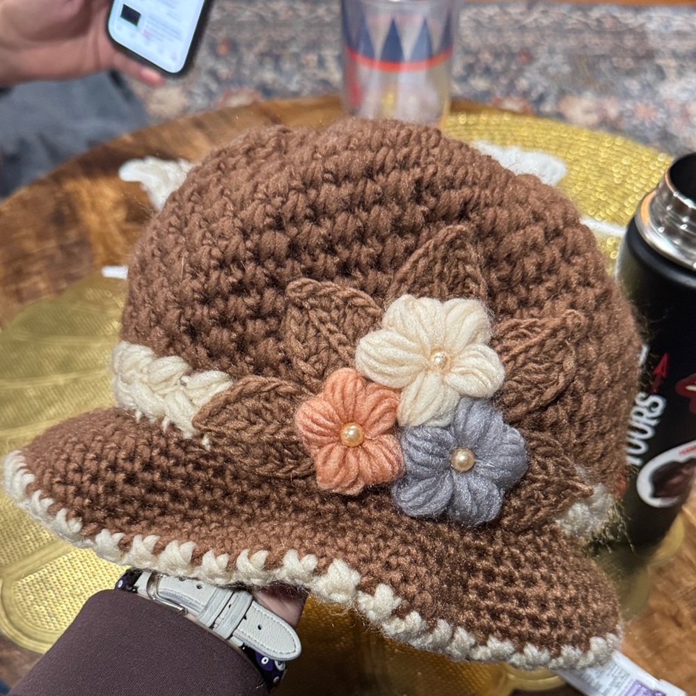 Handmade Brown Crochet Hat with Floral Accents